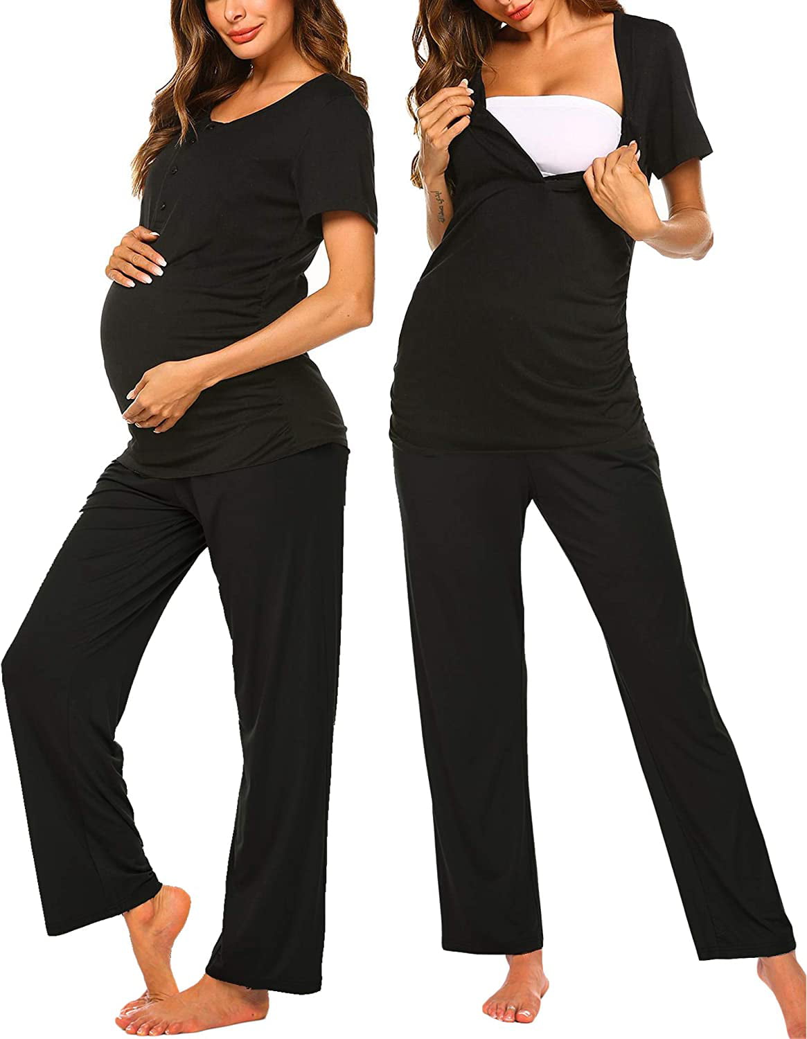 Ekouaer Women's Maternity Nursing Pajamas Sets Breastfeeding Printed Sleepwear Short Sleeve 2 Pcs Henley Top and Pants Set 