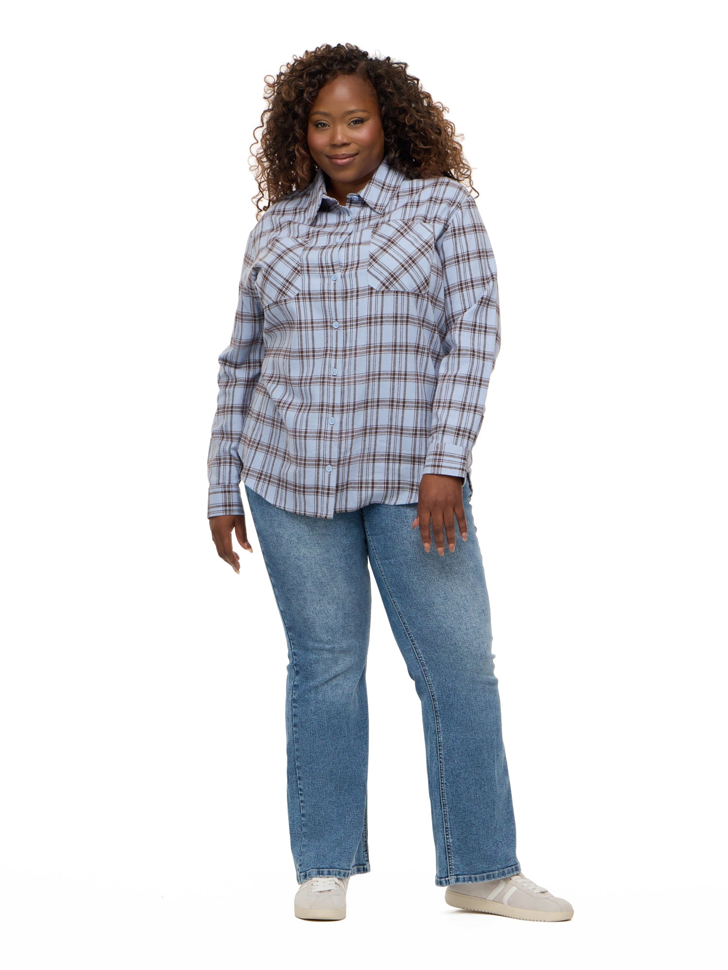 Forever 21 Women's Oversized Plaid Brushed Flannel Shirt with Patch Pockets, Long Sleeve 100% Cotton, Blue Plaid, XXS-4X