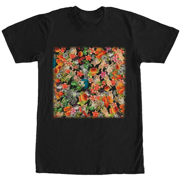 Men's Lost Gods Cats and Flowers  Graphic Tee Black 2X Large