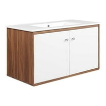 Modway Transmit 36" Modern Plastic Wall-Mount Bathroom Vanity in Walnut/White