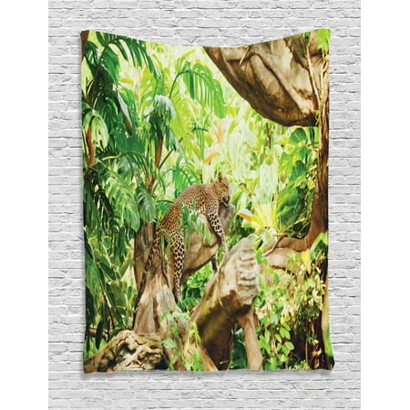 Jungle Friends Wall Hangings (Safari Tapestry, Leopard on the Branch in Savannah Exotic Macro Tropical Leaf Jungle Wild Nature Art, Wall Hanging for Bedroom Living Room Dorm Decor, Brown Green, by)