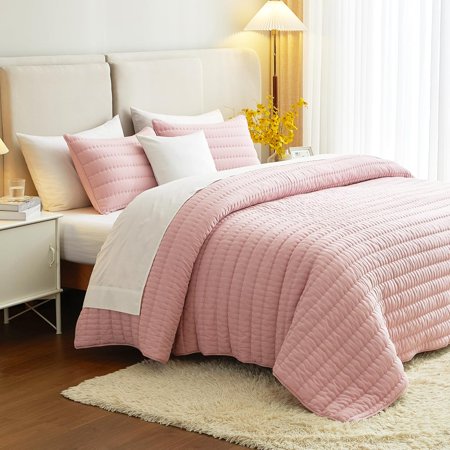 Pink Twin Size Quilt Bedding Set, Reversible Lightweight Bed Spreads Oversized Twin Quilted Bedspread for All Seasons, Soft Washable, 2 Pieces, 1 Quilt (68x90 in) & 1 Pillow Sham (20x26 in)