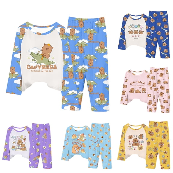 Hpapadks Girls Outfits Cute Capybara Print Long Sleeve Soft Loungewear Tops Pants 2 Piece Pajama Set Girls' Clothing Sets