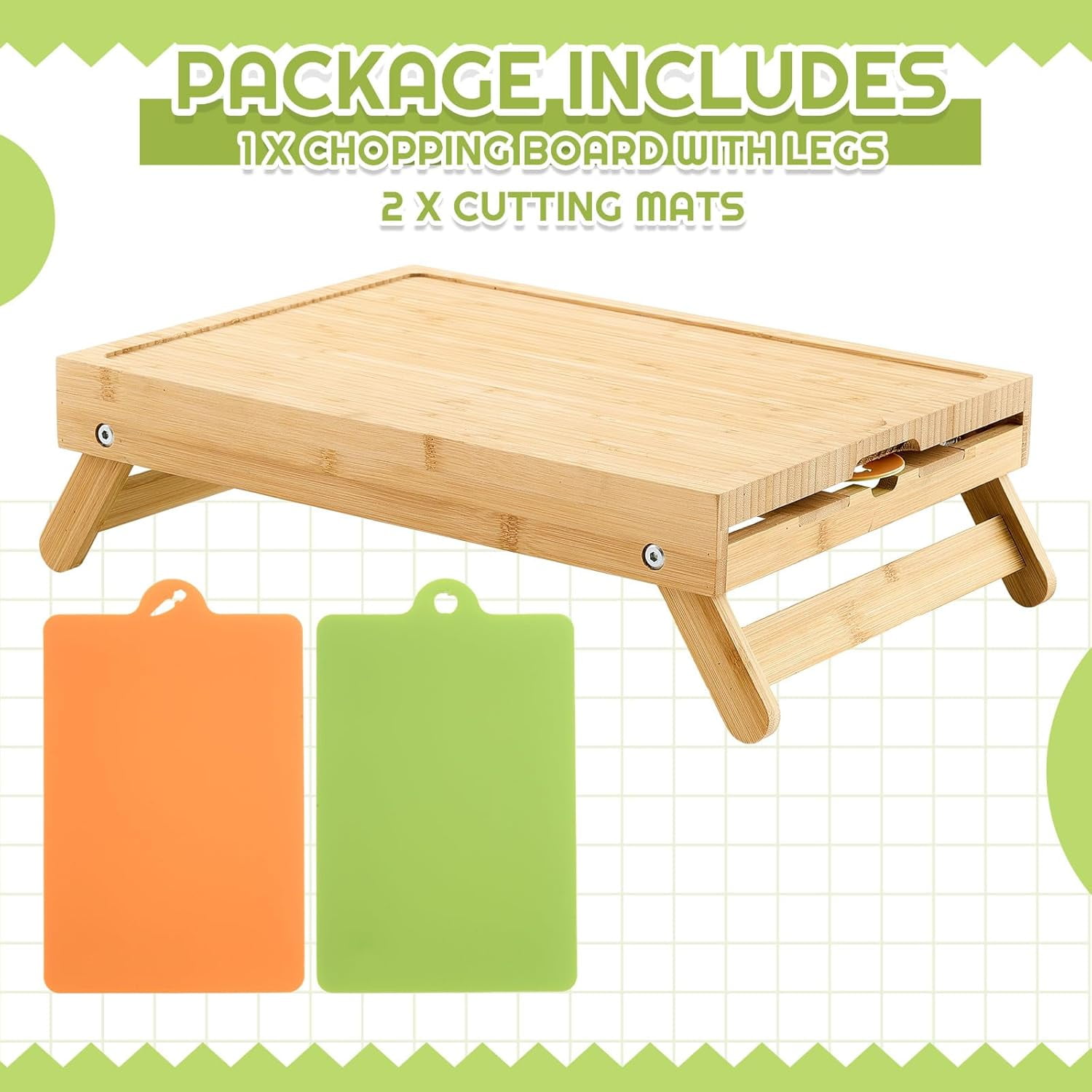 MKEUDQ-Large Raised Bamboo Cutting Board with Foldable Legs for Kitchen with 2 Plastic Cutting Mats Wooden Chopping Board for Kitchen Countertop, 15.5 x 11.5 x 4.5 Inches