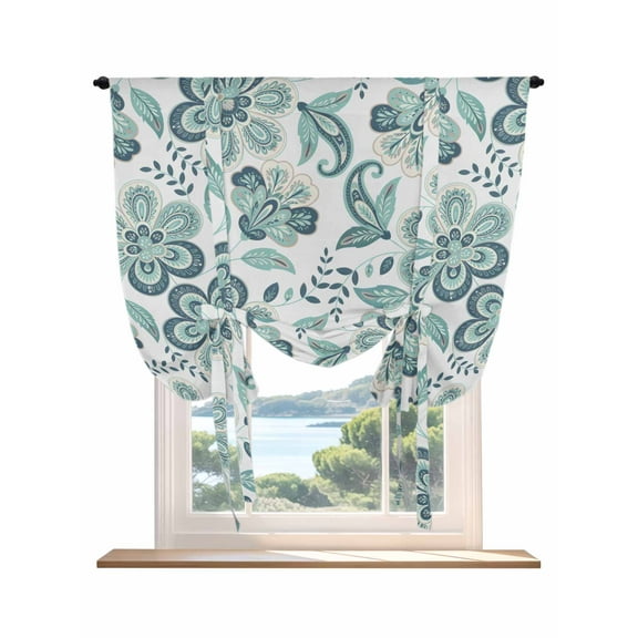 Teal Paisley Floral Tie Up Curtains for Windows 63 Inch Length Balloon Curtains Kitchen Adjustable Balloon Window Shade Boho Vintage Flowers Ethnic Tie Up Valance Bathroom Curtain Window 52"x63"