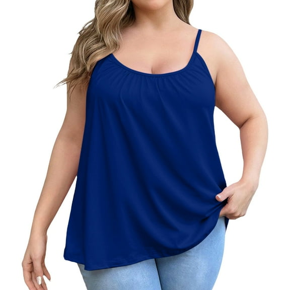 FUNUONY Tank Top with Built In Bra for Women Sleeveless Comfort Yoga Fitness Top Tank Top Cotton Shelf Bra Camisole Tops Spaghetti Strap Tank Top Summer Cami Undershirt Blue L