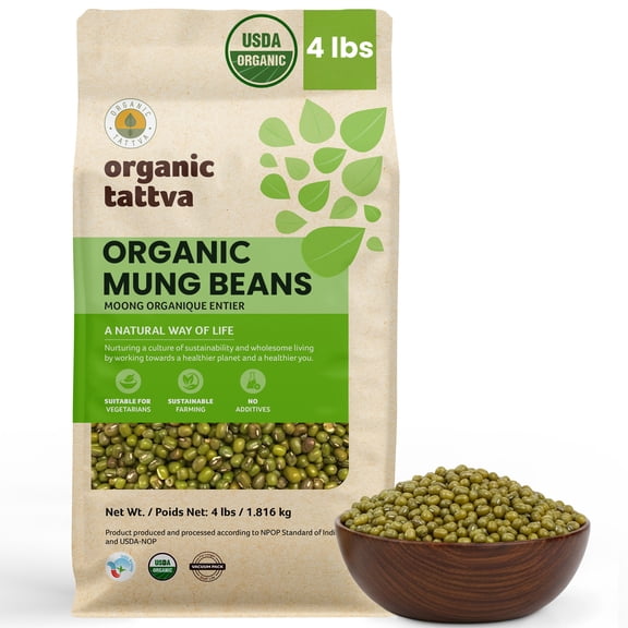 Organic Tattva Whole Mung Beans 4LB, Dry Green Moong Dal Lentils, Vegan, Kosher, No Additives, Gluten Free, USDA Certified