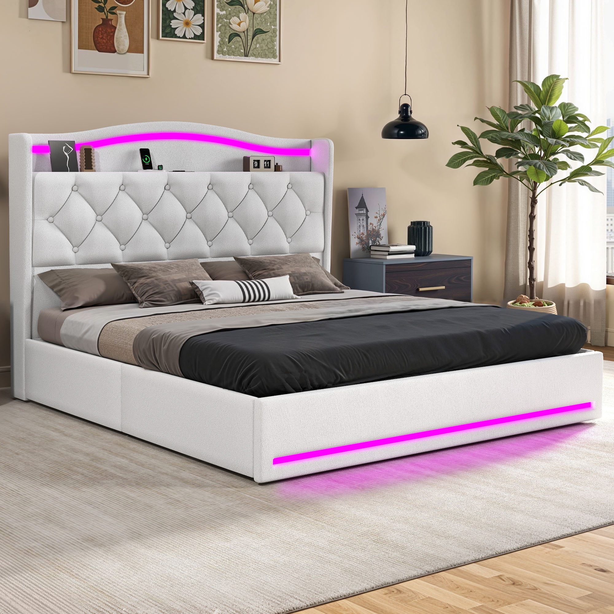 Uforic Queen Size Velvet Upholstered Bed Frame with RGB LED Ambient Light, Built-in Charging Station, No Box Spring Required, White