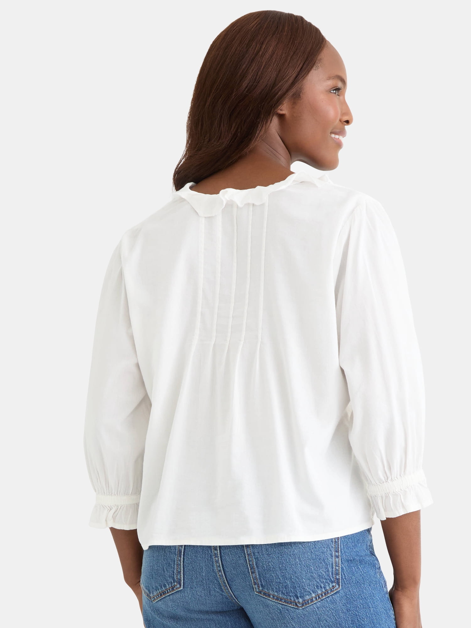 Time and Tru Women's Ruffle Neck Blouse with 3/4-Length Sleeves, Sizes XS-XXXL