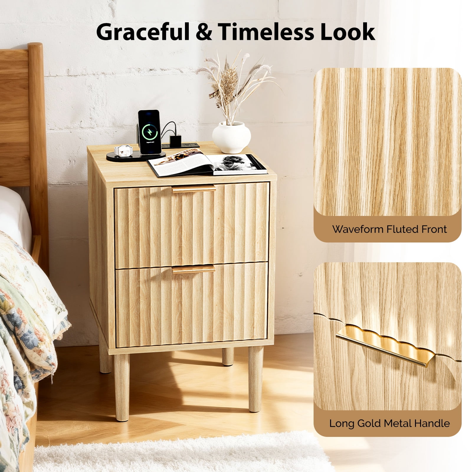 Zimtown Set of 1 Wood Nightstand with Charging Station, End Table Wooden Bedside Table Large Capacity Easy to Assemble