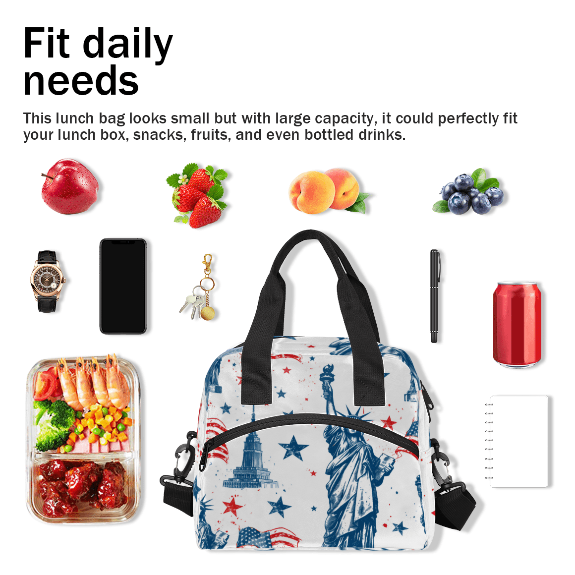 Herdesigns American Flag Insulated Lunch Bag for Women Men Adults Large Reusable Lunch Box Statue of Liberty Leakproof Cooler Tote Bags with Adjustable Shoulder Strap