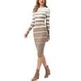 thumbnail image 4 of INSPIRE CHIC Women's Striped Sweater Dress Long Sleeve Stretchy Crew Neck Bodycon Ribbed Knit Casual Fall Long Dresses M Khaki White, 4 of 6
