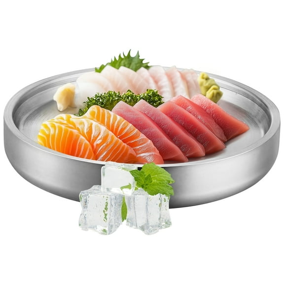 Stainless Steel Chilled Serving Tray, 11.2" Cold Serving Tray Platter with Ice Chamber, Shrimp Cocktail Serving Dish Tray, Chilled Serving Dish for Party Fruit Food Buffet