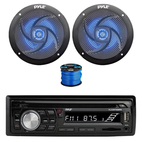 Pyle PLCDBT95 In Dash Bluetooth Marine Stereo Radio MP3 CD Player AM/FM Receiver, 2x 5.25" 180 Watt 2-Way Slim Low Profile Blue Flashing LED Audio Speakers (Black) w/ Wire
