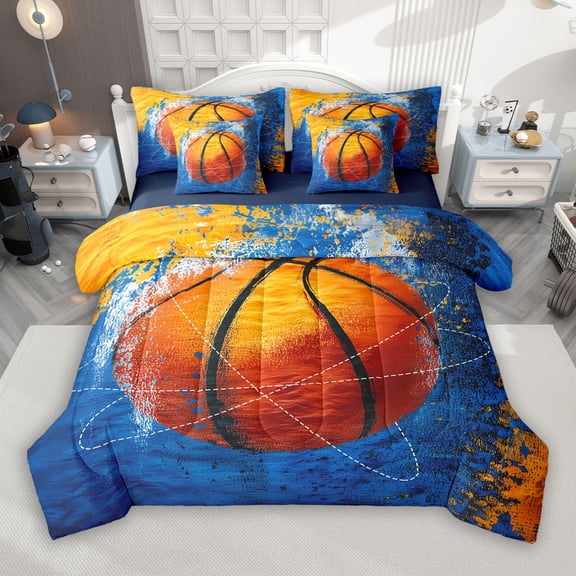 Manfei Kids Cartoon Basketball 7-Piece Twin Bedding Sets, Oil Printing Art Bedding Comforter Set, Blue Orange Cartoon Reversible Sheet Sets, Luxury Bedroom Decor