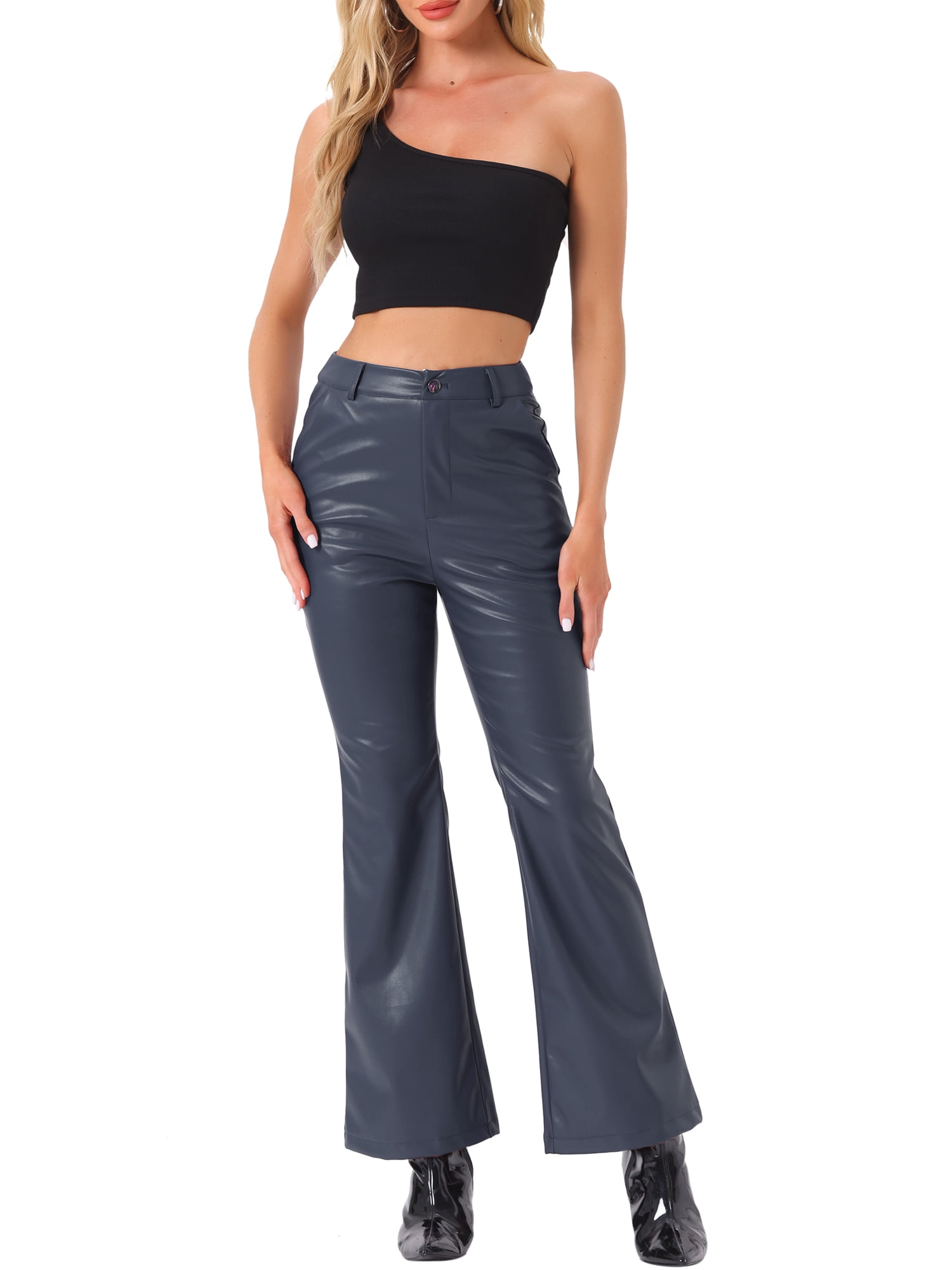 INSPIRE CHIC Faux Leather Casual Pant for Women's High Waist Bell Bottom Flared Long PU Trouser XL Dark Blue