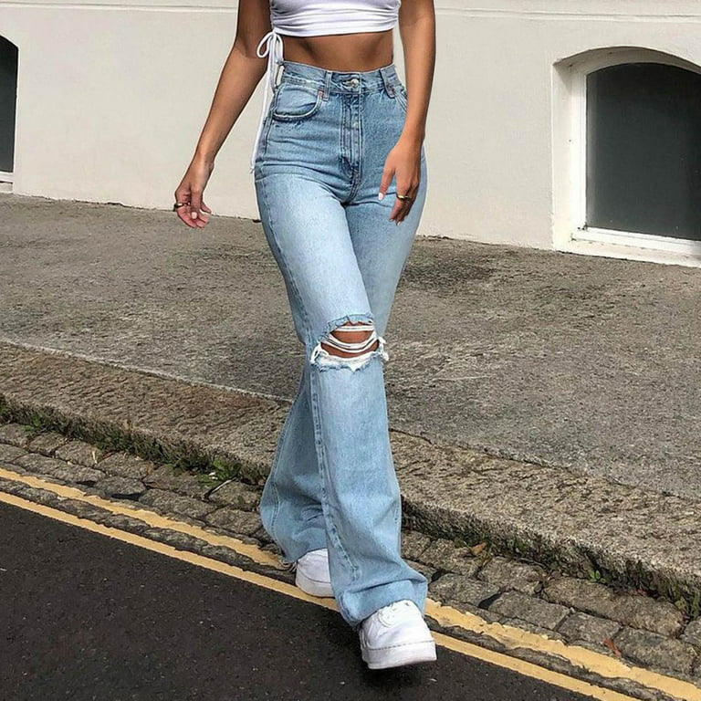Women's Skinny Ripped Bell Bottom Jeans High Waisted Flare Jeans Note  Please Buy One Or Two Sizes Larger 