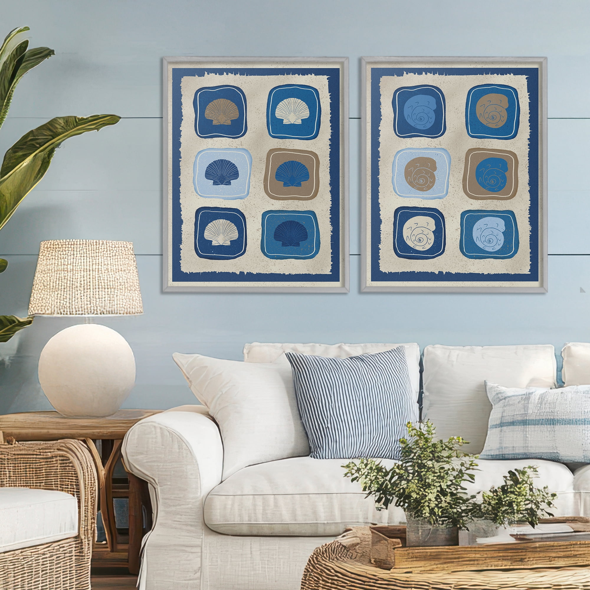Stupell Industries Blue Blocked Seashells 2 Piece Gray Framed Giclee Art Set, design by Julia Frost