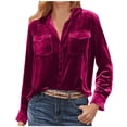 thumbnail image 2 of New Trendy!Homenesgenics Velvet Tops for Women Fashion Women Casual Long Sleeve Pocket Turndown Collar Button Shirt Tops/Pink S, 2 of 6