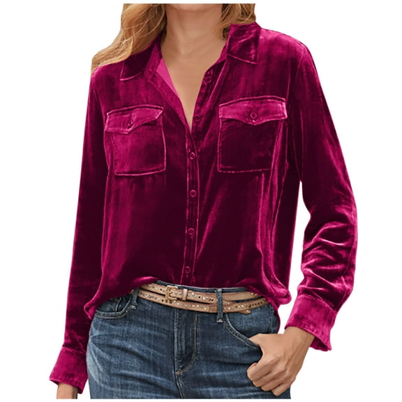 Besolor Velour Shirts for Women Trendy Lapel Long Sleeve Button down Velvet Tunic Tops Casual Elegent Blouse with Pockets
