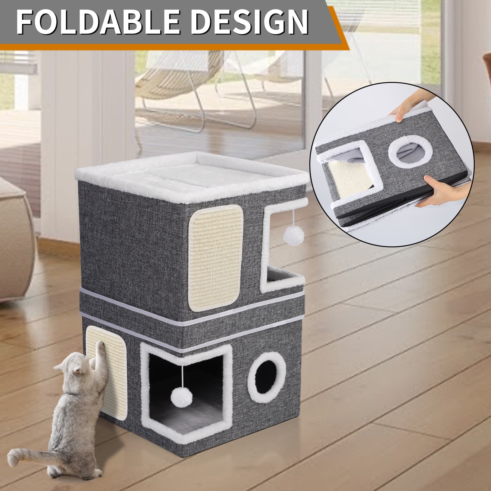Cat Bed for Indoor Cats 2-Storey Cat House,Covered Cat Cave Beds&Furniture with Scratch Pad and Hideaway Condo