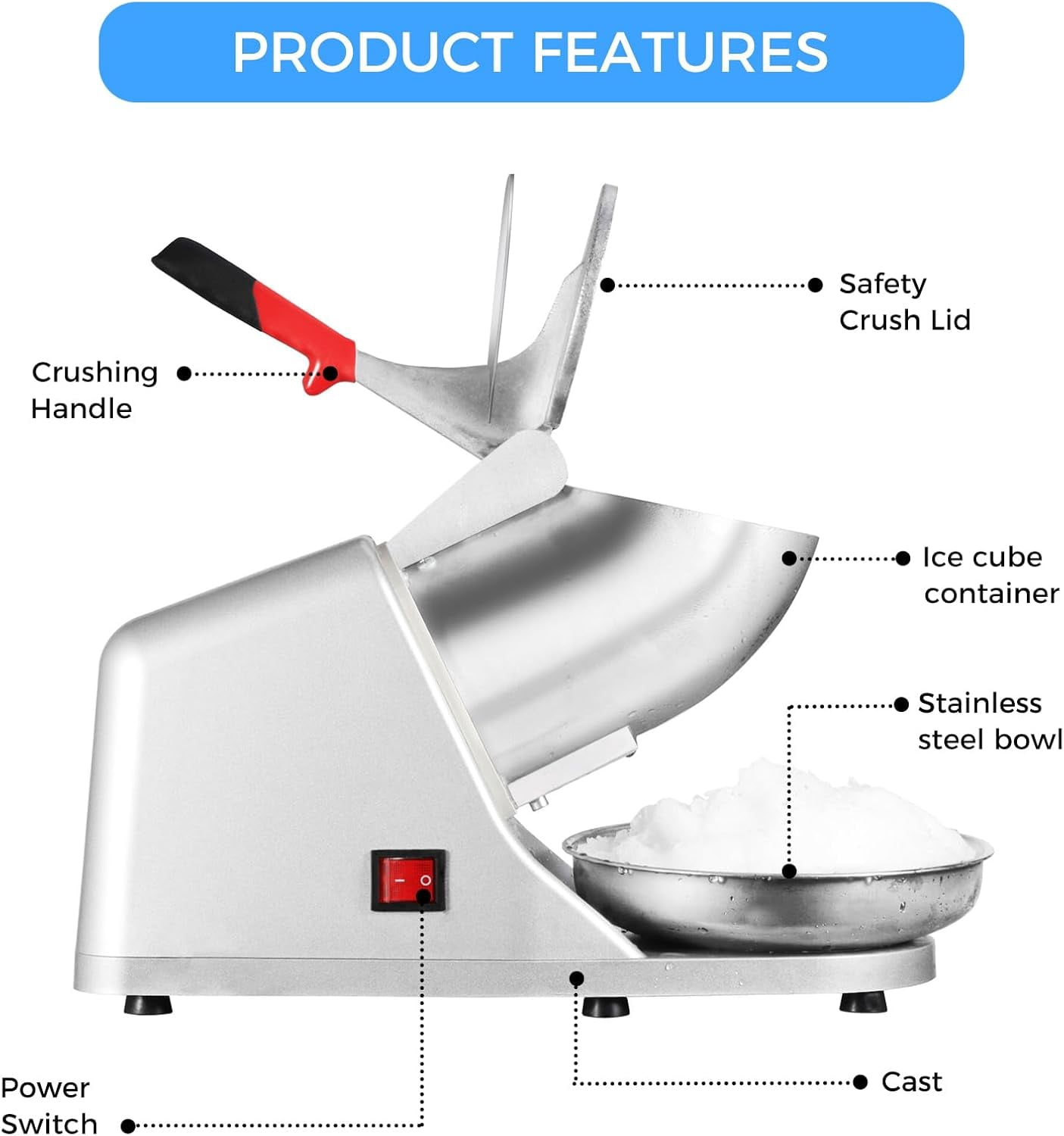 Electric Shaved Ice Machine, Ice Crusher Shaver with 2 Blades, Snow Cone Machine for Home Kitchen or Commercial Use, Featuring Dual Splash Prevention High Speed