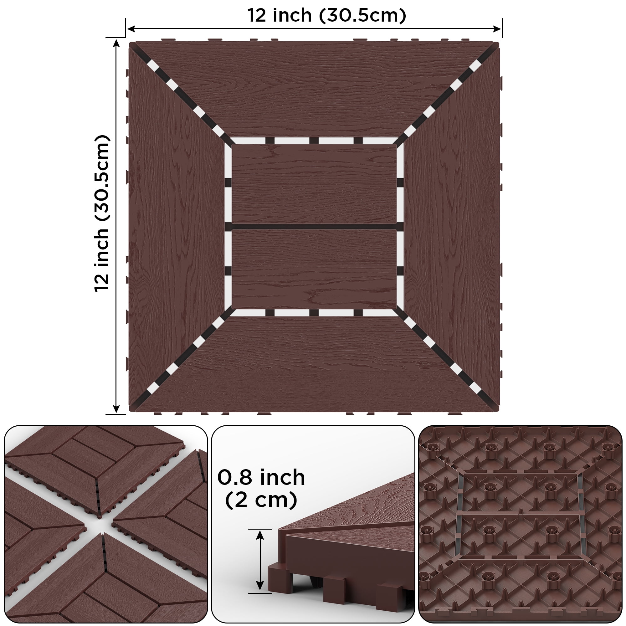 44 Pack Plastic Interlocking Deck Tiles,12"x12" Waterproof Indoor/Outdoor Floor Tiles,All-Weather Patio Floor Decking Tiles for Garden,Lawn,Porch,Poolside,Balcony,Style 02,Brown