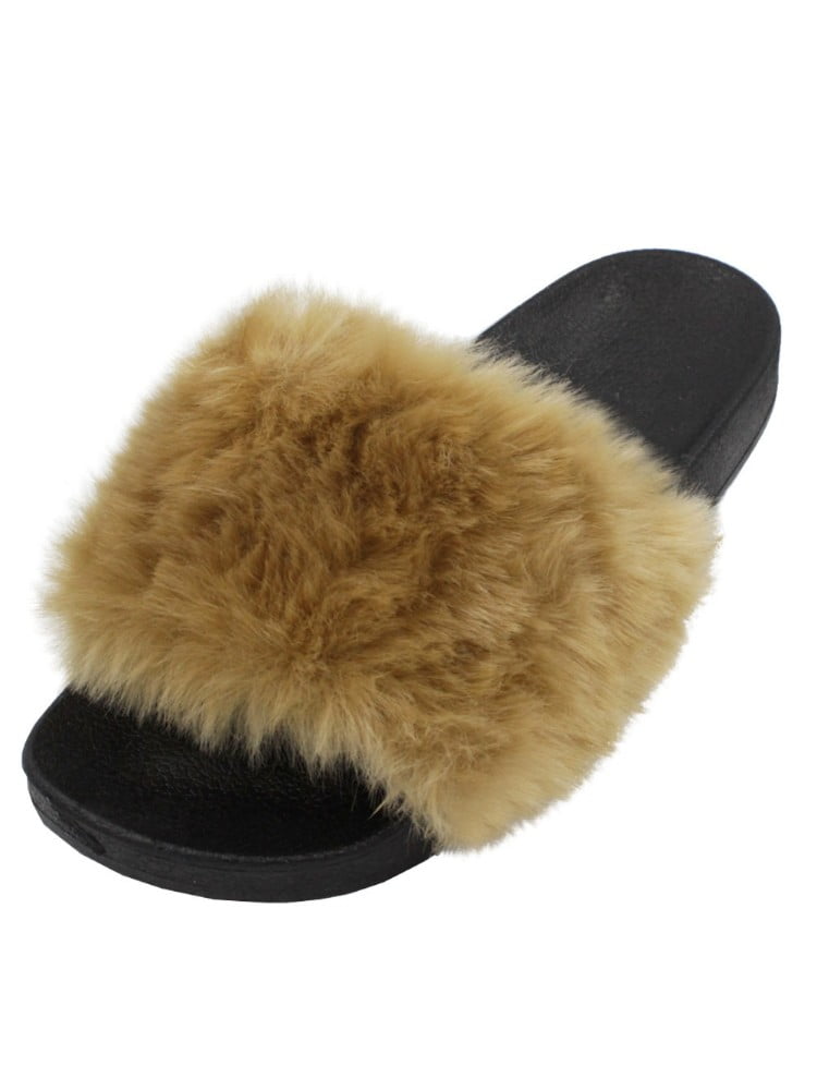 Popular Girls Fuzzy Faux Fur Slide Slip On Sandals 