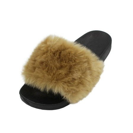 LAVRA Women's Faux Fur Slide Slip Sandals