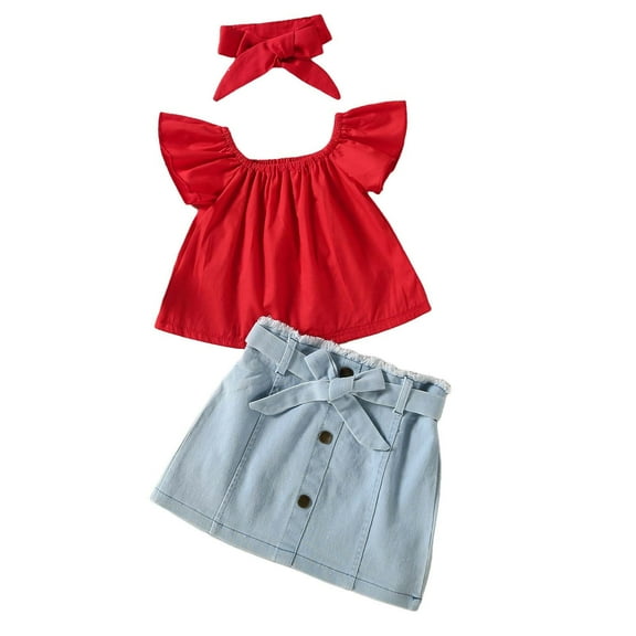 Odeerbi Girls Dress Baby Girls Clothes Toddler Summer Flying Sleeve Top Bow Denim Skirt Headband Three-piece Set Red