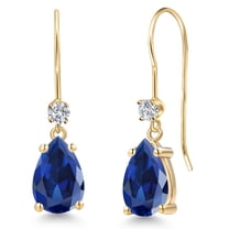 Gem Stone King 14K Yellow Gold Blue Created Sapphire and Lab Grown Diamond Dangle Earrings for Women | 5.23 Cttw | Gemstone September Birthstone | Pear Shape 9X6MM
