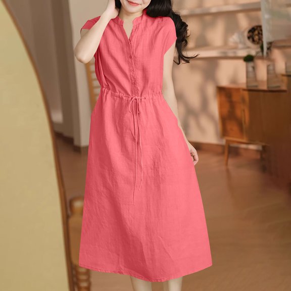 ClodeEU Women's V Neck Cap Sleeve Drawstring Waist Midi Dress, Casual A-Line Sundress Watermelon Red,Women's Plus L