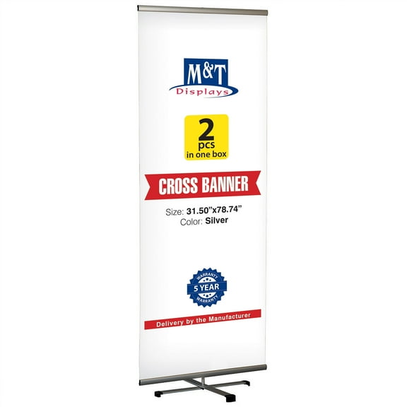 M&T Displays Cross Single Banner Adjustable Height Banner 31.5" Reusable Banner Travel Display 31-1/2" Poster Size Silver Anodized Aluminium, Telescopic Pipe (Two)