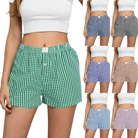 Htigea Clearance Womens Boxer Shorts Casual Summer Cotton Pajama Lounge Sleep Pj Plaid Shorts Y2K Beach Bottoms Clearance Sale Blue S