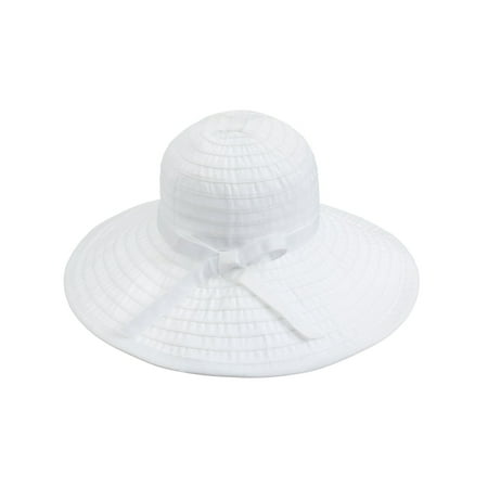 - Women's Spring Wide Large Brim Roll-Up Ribbon Beach Sun Hat ,White