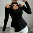 thumbnail image 3 of Craaazy Womens Shirts Hollowed Out Off Shoulder Decal Pleated Curved Hem Slim Versatile Top Gifts For Women, 3 of 8