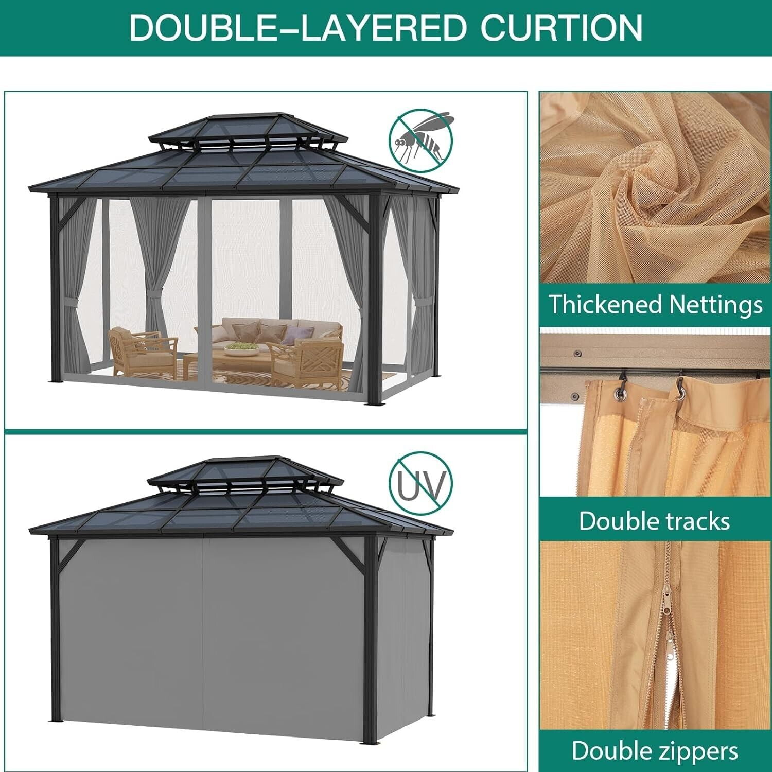 Emorefun 10x13 FT Hardtop Gazebo Outdoor Double Roof Canopy with Curtains & Netting Gray