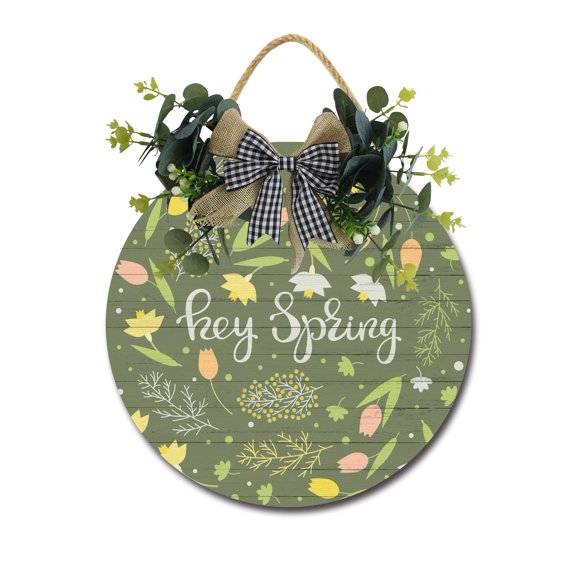 Front Door Porch Decorations Hey Spring Door Hanging Sign 11 inch Wooden Wall Sign, Rustic Holiday Wreath Decor for Front Door Porch Home Window Wall Farmhouse Decorations