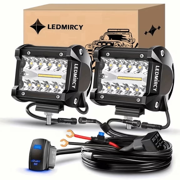 LEDMIRCY 4Inch Led Pod Lights 2PCS Led Light Bar Kit with Wiring Harness Off Road Lights IP68 Waterproof Fog Driving Lights Bar for ATV SUV UTV Boat Pick-up