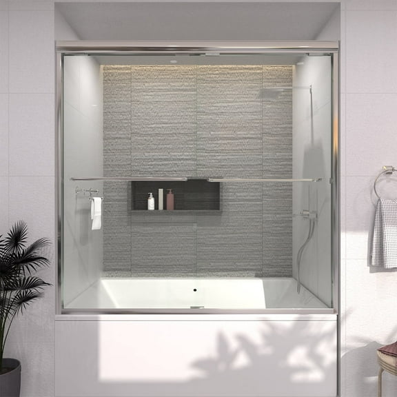 60 in. W x 60 in. H Sliding Semi Frameless Tub Door in Chrome Finish with Clear Glass