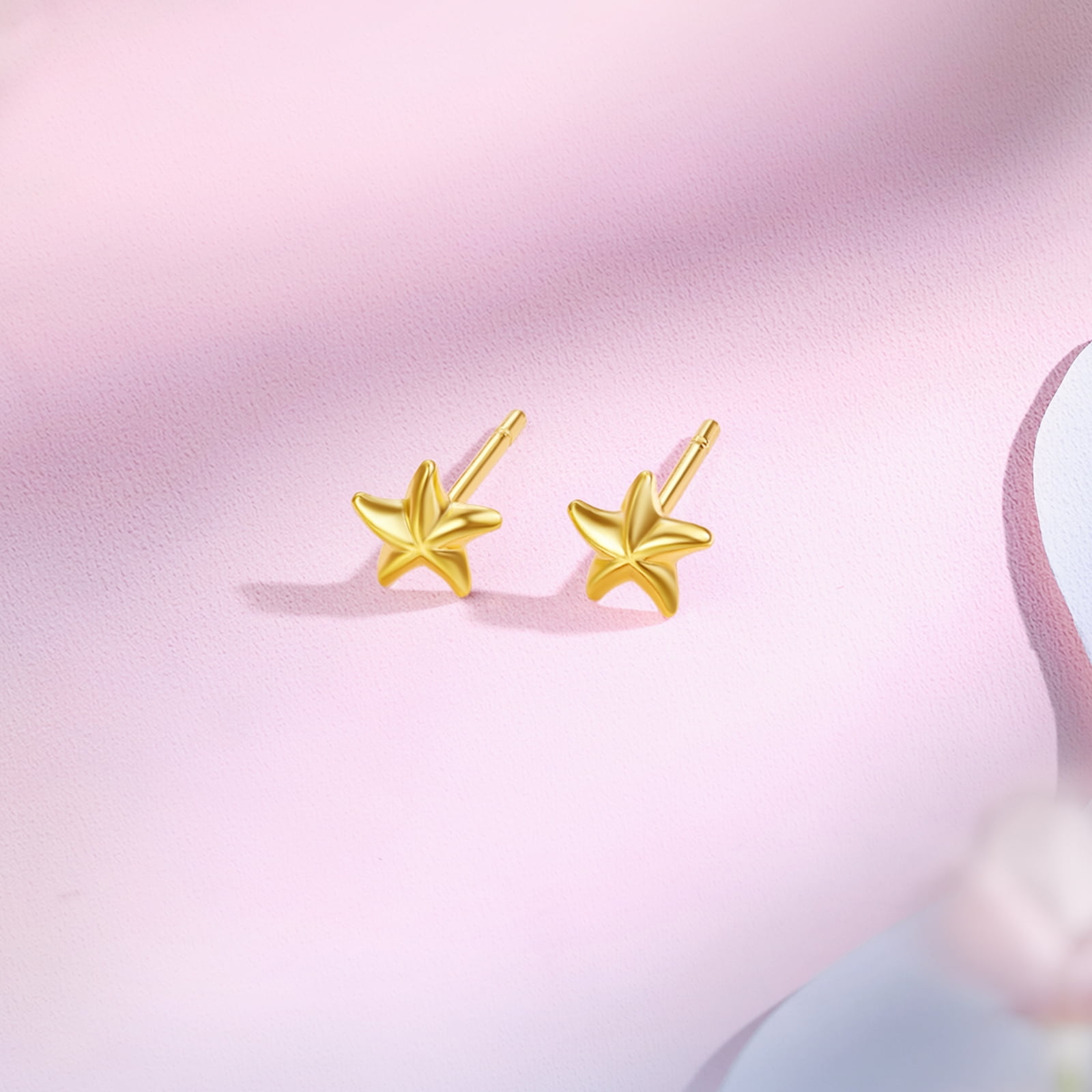 ZHOU LIU FU 24K Solid Gold Starfish Stud Earrings - Cute Minimalist Hypoallergenic Earrings Summer Jewelry for Women