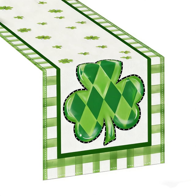 St Patricks Day Table Runner, 72 x 13 Inches Green Clover Print Woven Tablecloth, Waterproof Wipe Clean Fabric for Dining Table Kitchen Holiday Party Decor