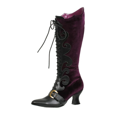 Womens Purple Shoes Knee High Boots Lace Ups Witch Shoes Chunky 2 1/2 Inch Heel