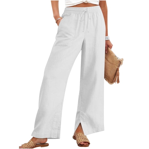 Nfurl Womens Cotton Linen Pants Drawstring Elastic Waist Straight Leg Summer Work Pants Dressy Casual Trousers with Pockets Work Dress Trouser White L