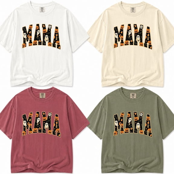 Mama Halloween Shirt, Spooky Mama Varsity Letter Graphic Tee, Ghost Pumpkin Fall Spooky Season Gift for Mom, Unisex