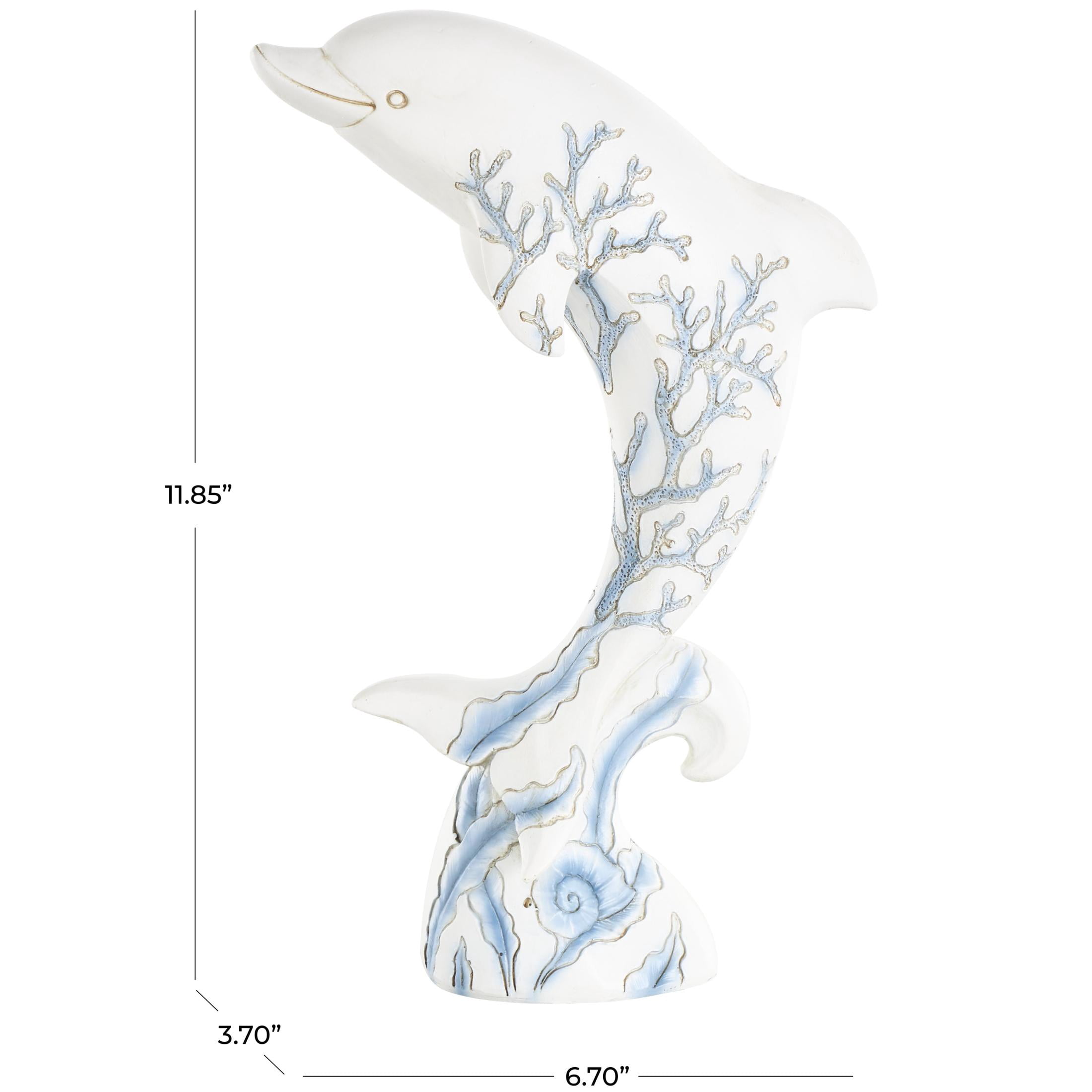 7" x 12" White Polystone Curved Dolphin Sculpture with Blue Coral Patterns, by DecMode