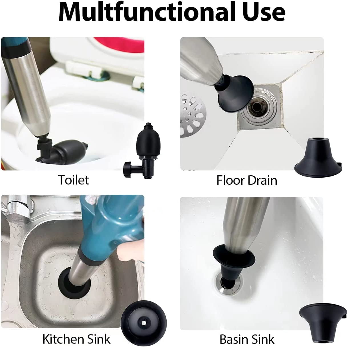 Hinzonek High Pressure Air Toilet Plunger Drain Blaster Kit, Unclogged, Stainless Steel Toilet Clog Remover - Unclog Toilets Kitchen Sinks Shower Drains Bathroom, Bathtub and Clogged Pipes with Ease