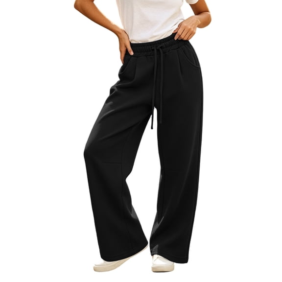 Qgtaibl Drawstring Wide Leg Joggers for Women Elastic High Waist Solid Color Sweatpants Fall Soft Cozy Lounge Bottoms Black M