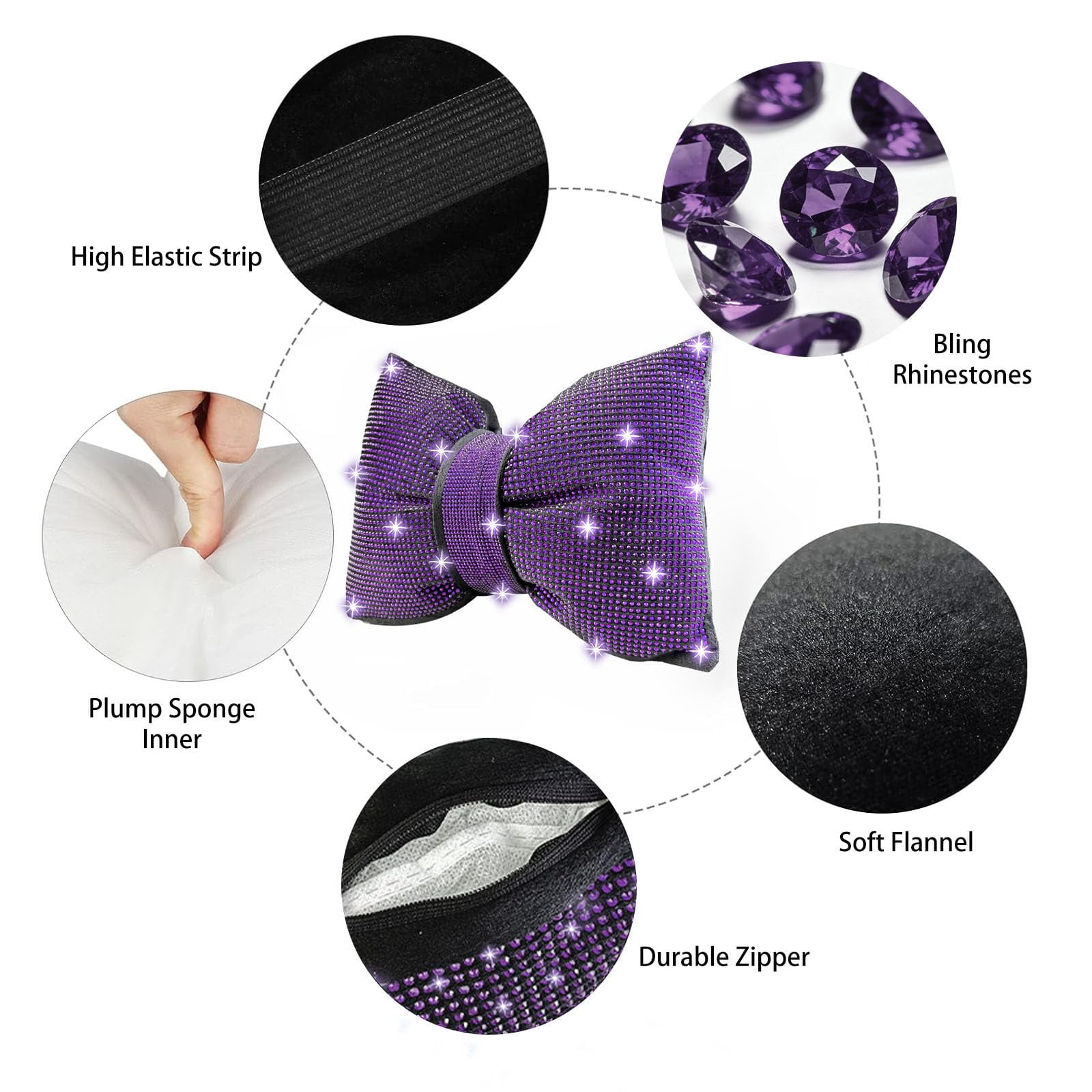 Chasenew 2 PCS Bling Bowknot Car Headrest Pillow, Rhinestone Car Neck Pillows for Driving, Bling Interior Accessories for Women Comfortable Neck Support Pillow(Purple)