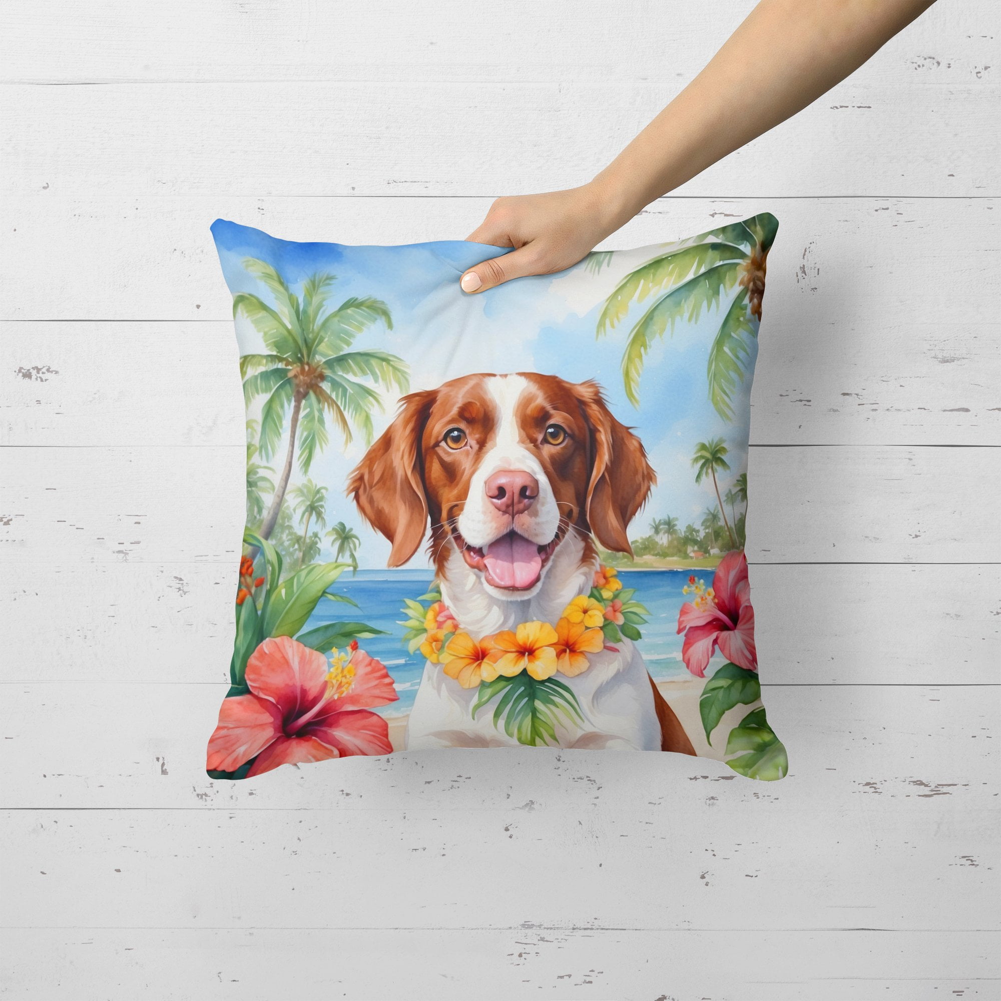 Brittany Spaniel Luau Throw Pillow 18 in x 18 in